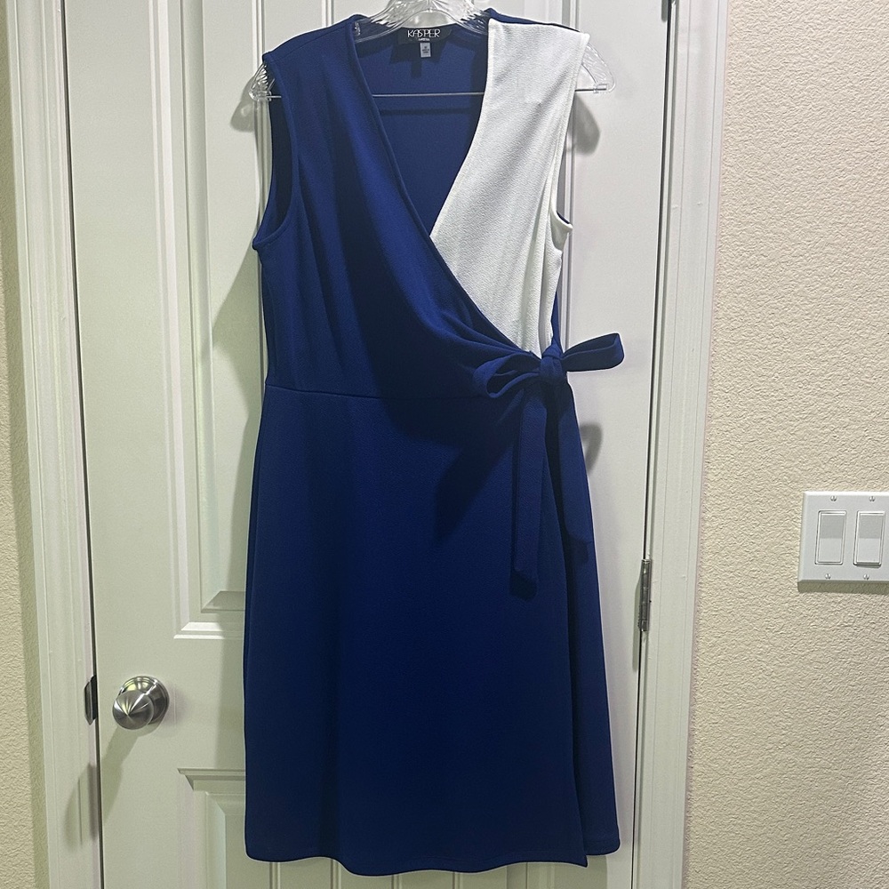 Kasper Blue and White Side-tie Sleeveless Dress, Size M, NWT